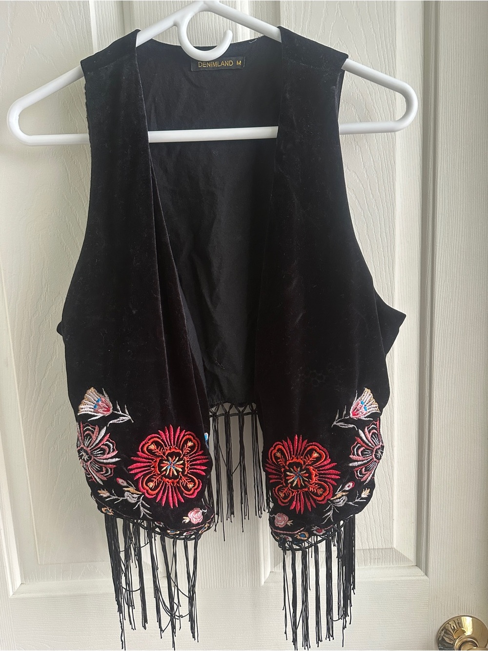 Denimland black velvet embroidered tasseled vest